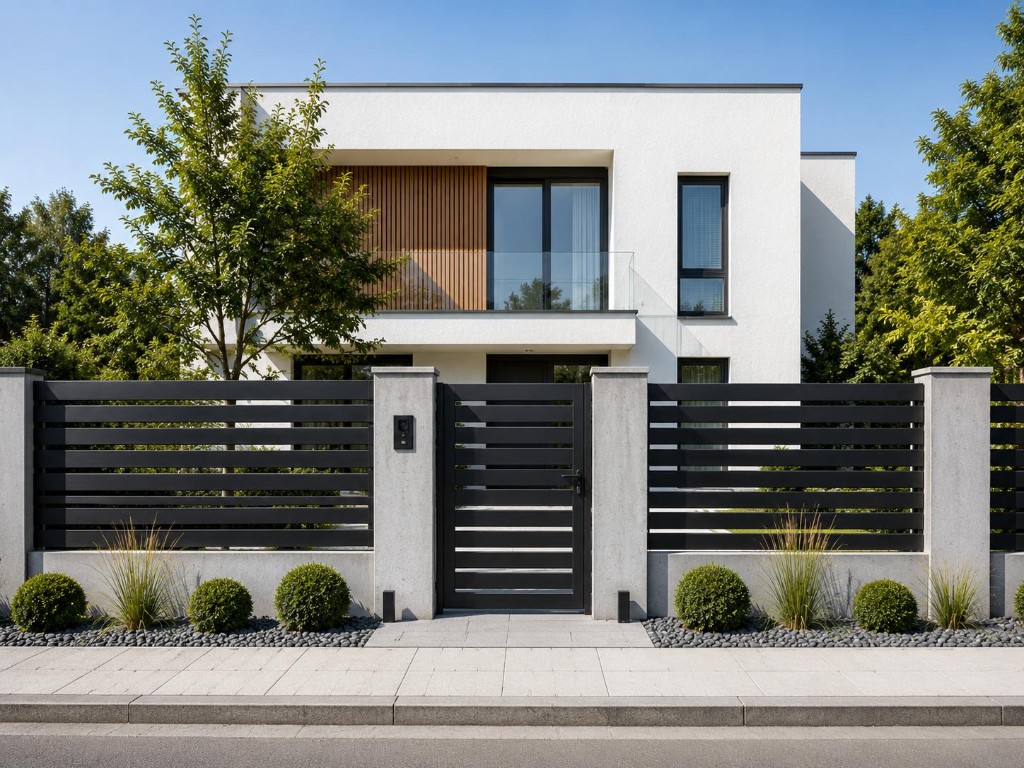 Black horizontal slat fence and gate at a modern home