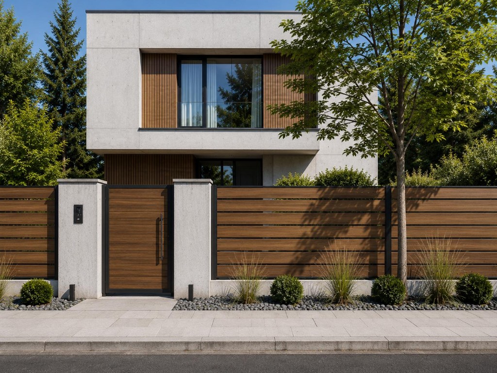Wood-look aluminum fence and gate with concrete pillars
