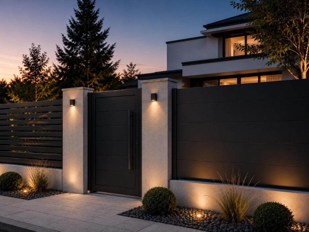 Aluminum privacy fence and gate with evening lighting